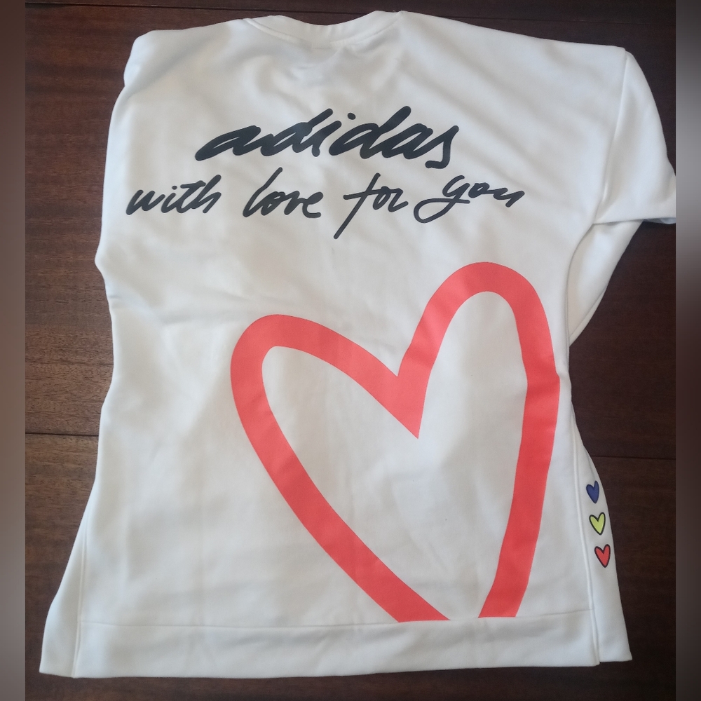 Adidas With Love For You White Crew Neck Split Side Sweatshirt Size XS Brand New